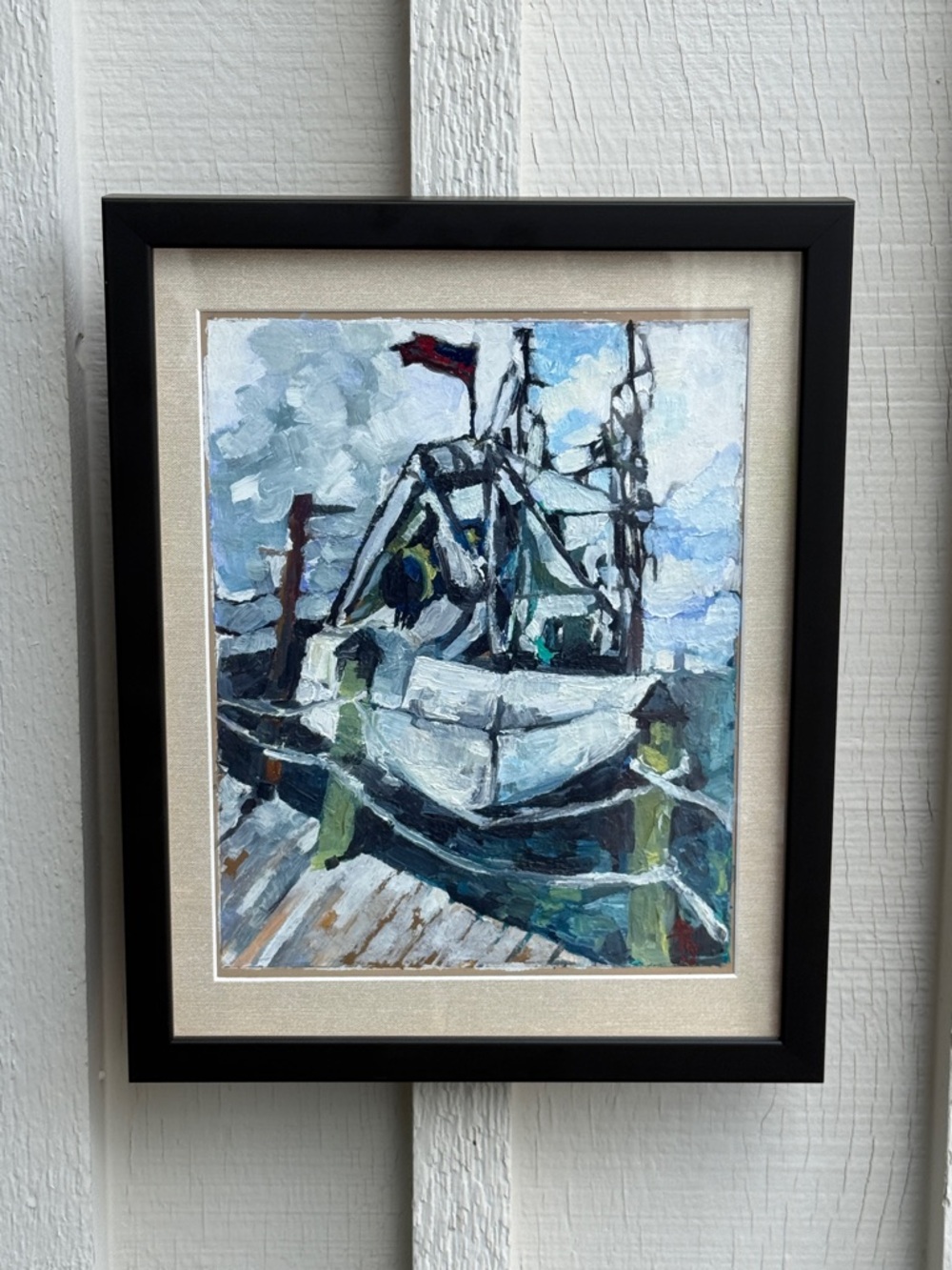Framed Nautical Oil Painting - Blue and White Harbor Scene